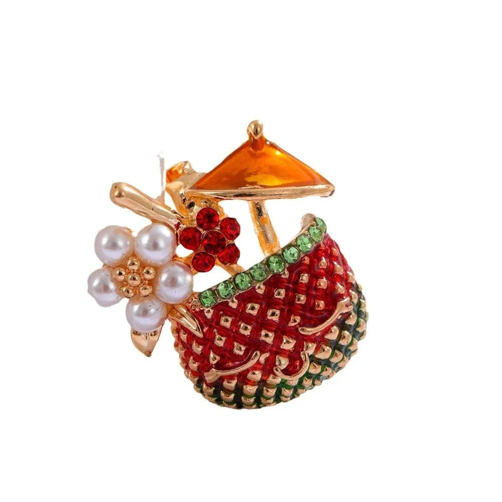Cute Coconut Juice Cup Brooch With Pearl Rhinestone Enamel, Elegant Lapel Pin Corsage Suit Accessory Gift