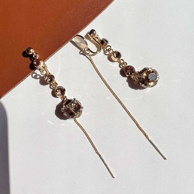 Elegant Brown Rhinestone Ball Spiral Chain Tassel Stud & Clip On No Piercing Long Drop Earrings