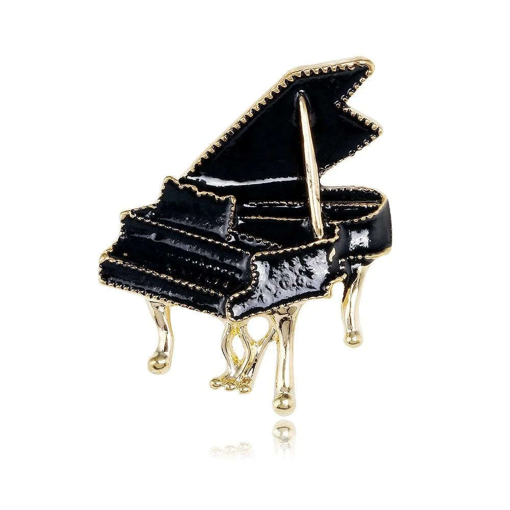 Elegant Black Enamel Grand Piano Brooch, Gold Tone Alloy Musical Instrument Lapel Pin Suit Accessory Gift