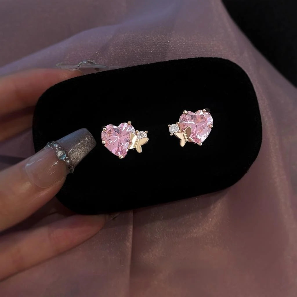 Micro Pave Zircon Heart Stud Earrings With Pink Butterfly Sweet Cute Spring Summer Jewelry