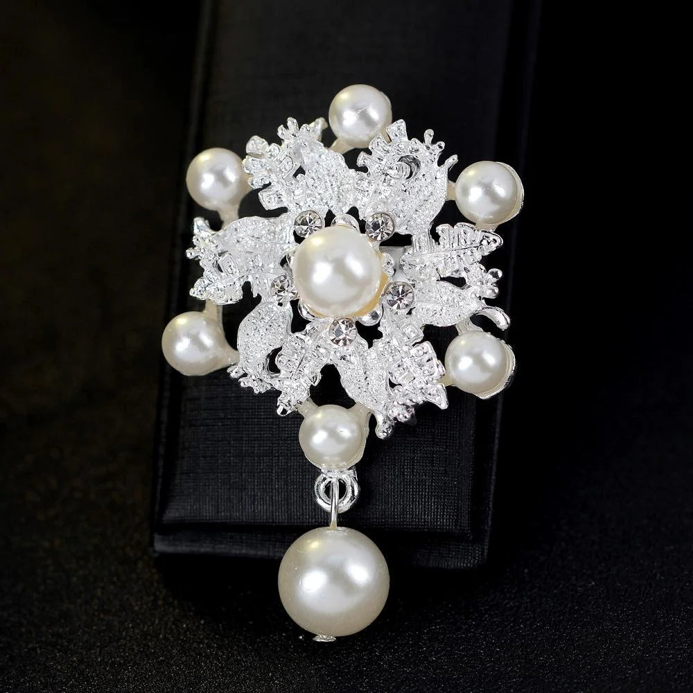 Elegant Alloy Pearl Flower Brooch With Rhinestone Accents And Dangle Pearl Lapel Pin Suit Accessory Gift