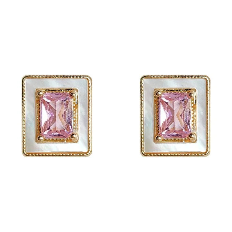 Luxury Pink Zircon Real Shell Geometric Rectangle 14K Plated Copper Stud Earrings