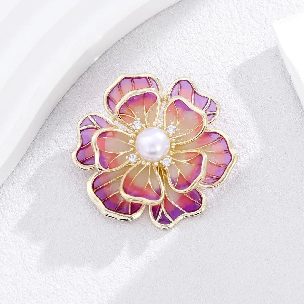 Elegant Chinese Style Enamel Peony Flower Brooch With Faux Pearl Rhinestones, Luxury Lapel Pin Suit Accessory