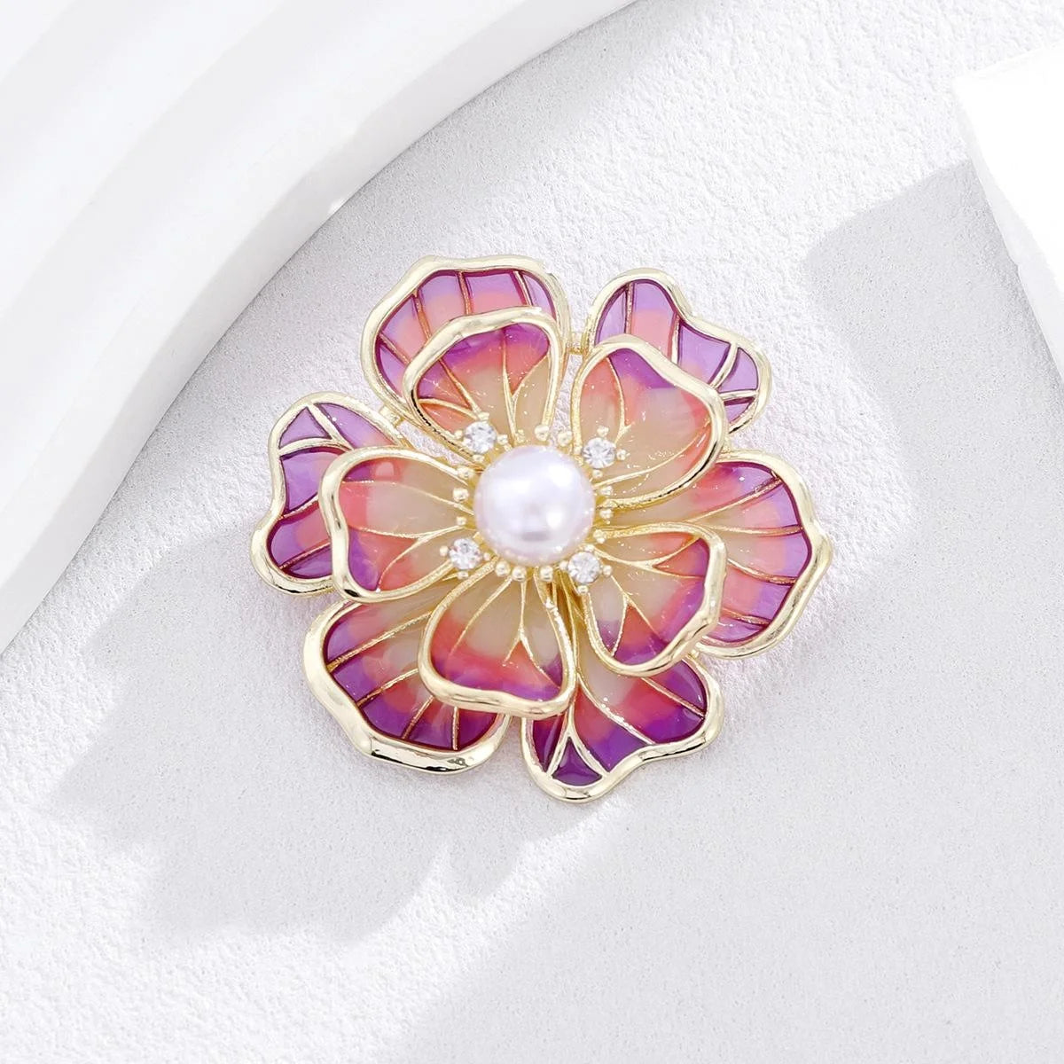 Elegant Chinese Style Enamel Peony Flower Brooch With Faux Pearl Rhinestones, Luxury Lapel Pin Suit Accessory