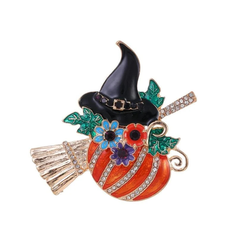 Cute Halloween Pumpkin Witch Hat Broom Enamel Rhinestone Alloy Brooch Lapel Pin Corsage Gift