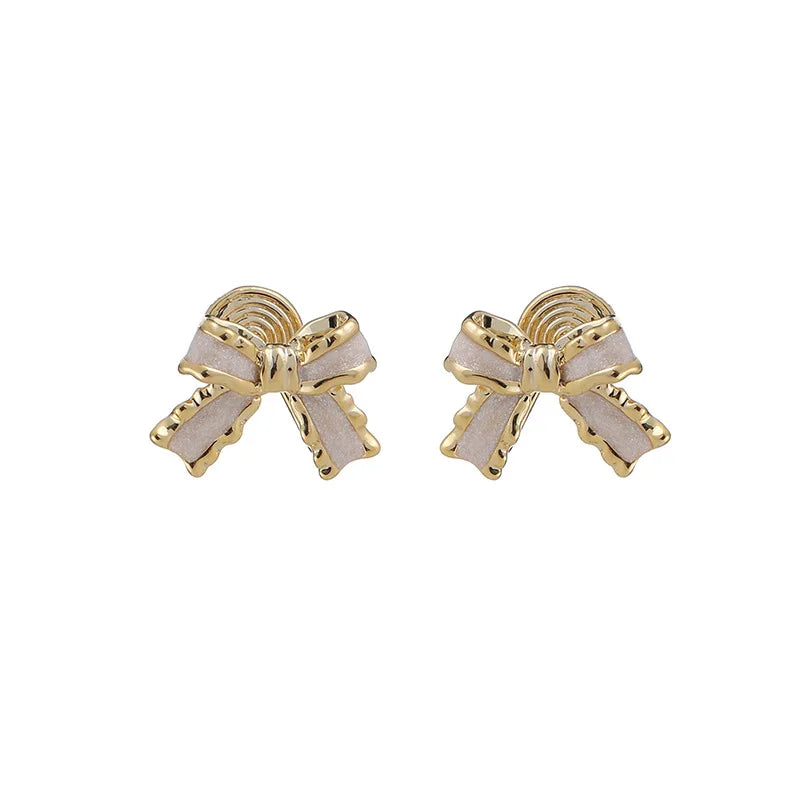 Elegant Pink Enamel Bow Stud & Clip On No Piercing Gold Alloy Ribbon Knot Fashion Jewelry Earrings