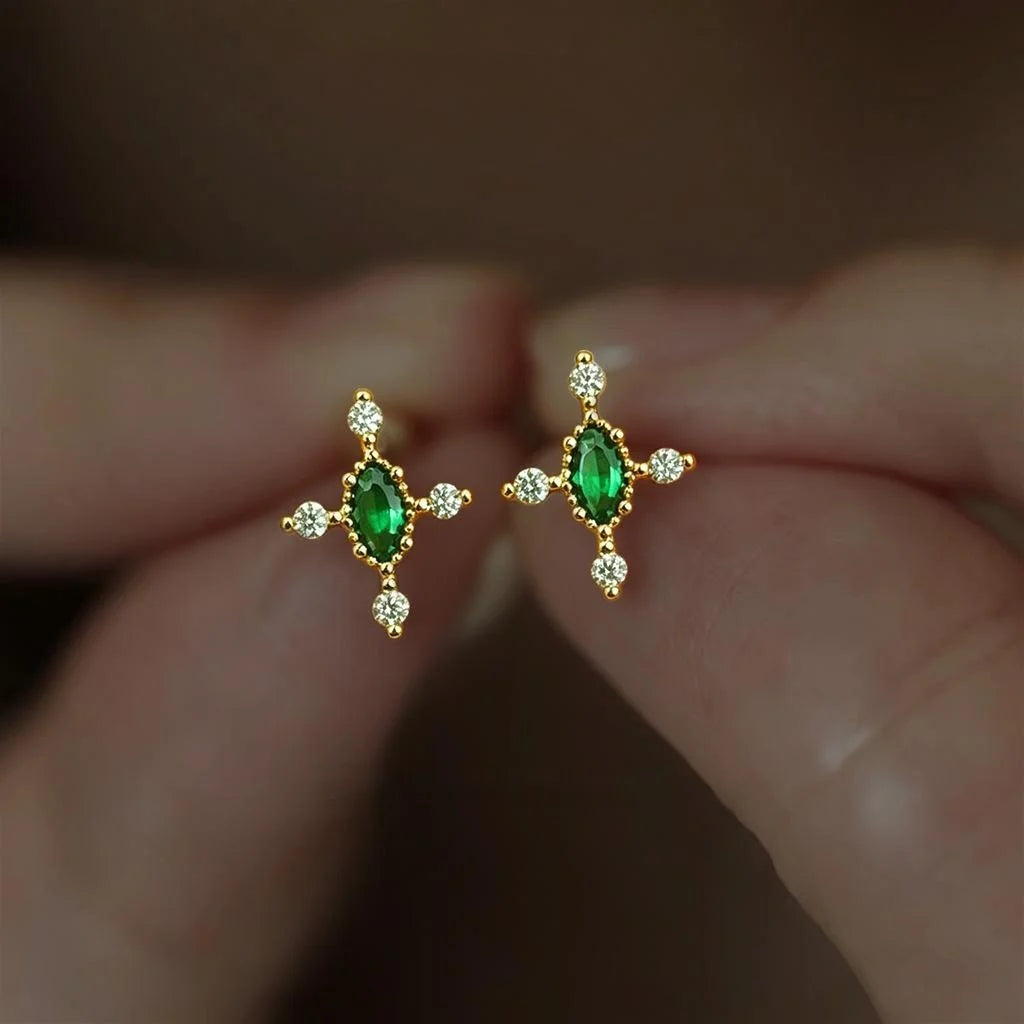 Versatile Copper Zircon Cross Star Stud Earrings Olive Green Micro Pave Geometric Jewelry