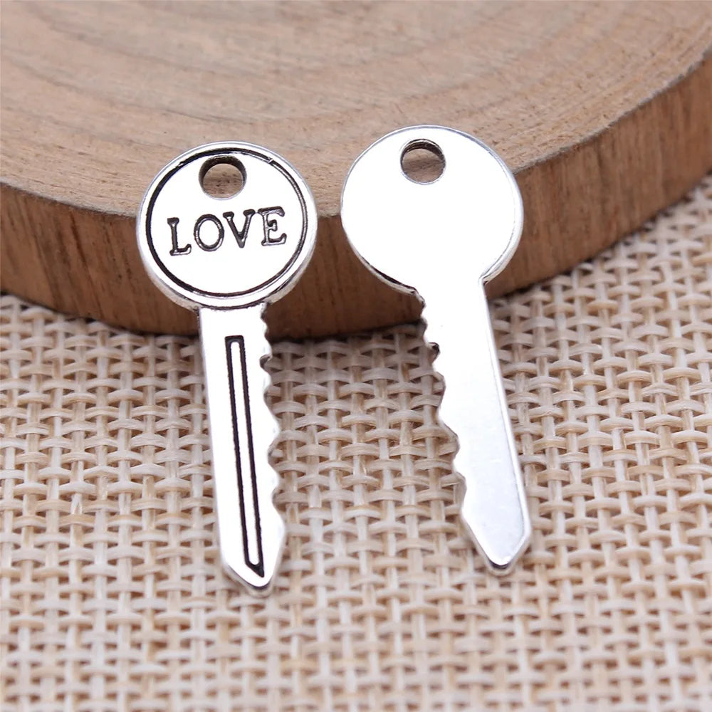 11x27mm 1.1g Antique Silver Zinc Alloy LOVE Key Charm Pendant for Bracelet Necklace Making