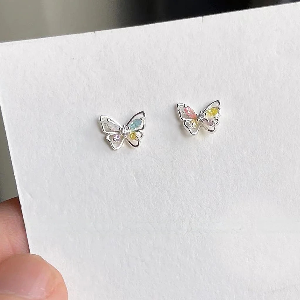 Mini Butterfly Stud Earrings Silver Plated Copper Micro Pave Colorful Zircon Korean Style