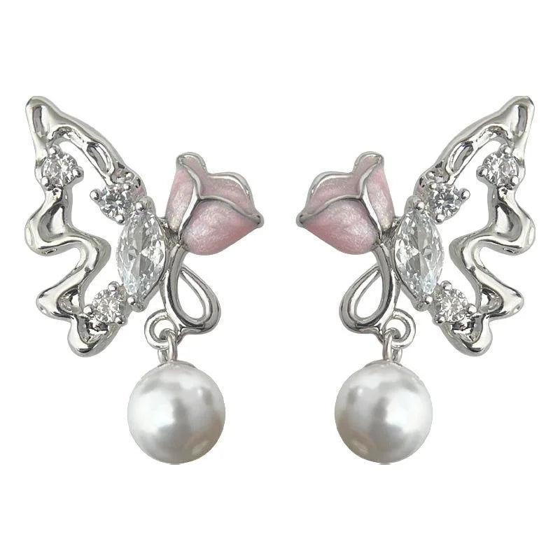 Original Designer Copper Butterfly Rose Flower Liquid Style Drop Earrings For Women