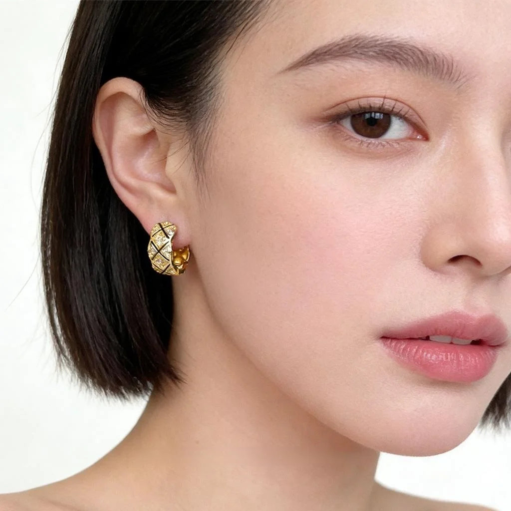 French Vintage Micro Pave Zircon Enamel Copper C-Shaped Geometric Hoop Earrings for Women