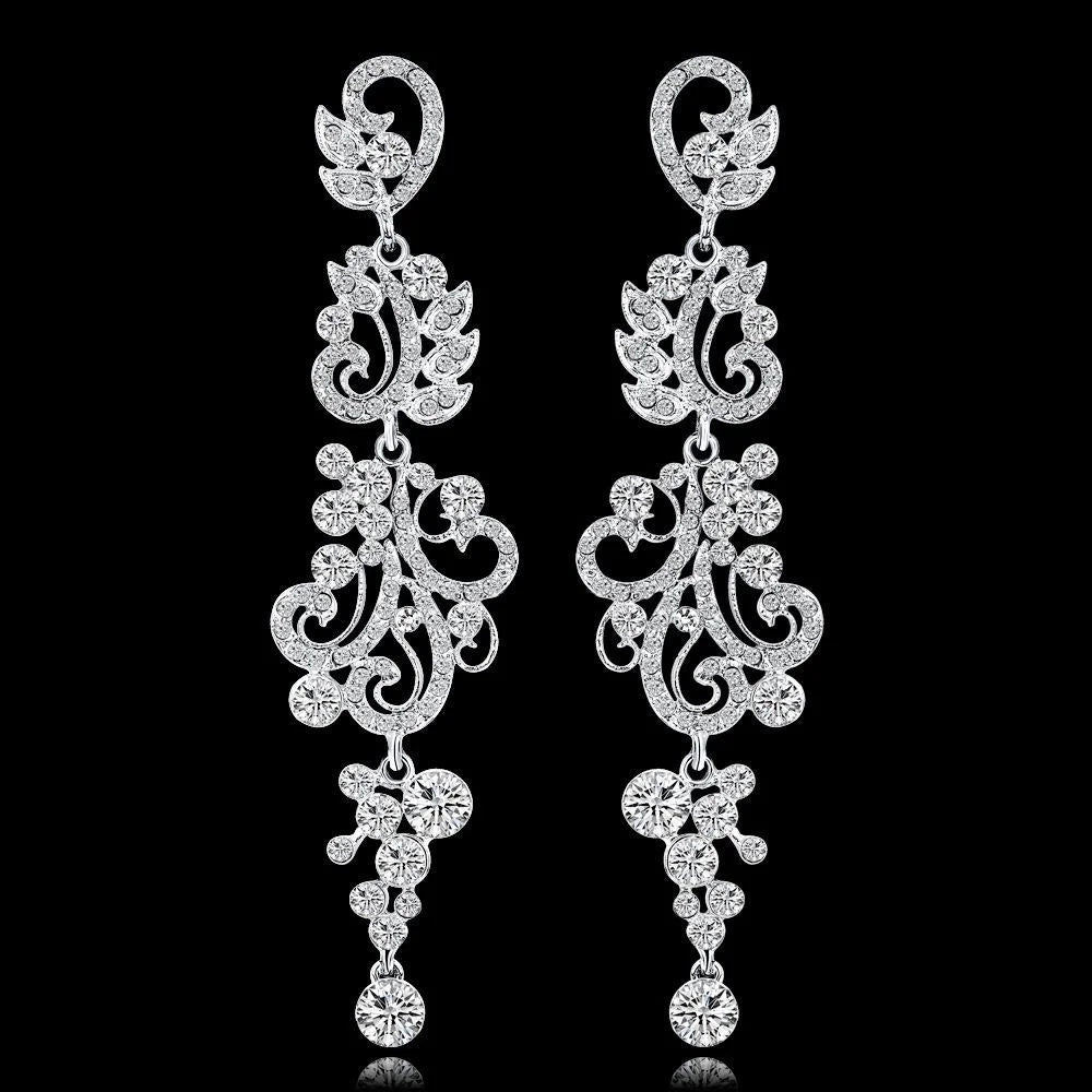 Luxury Rhinestone Crystal Long Chandelier Earrings, Elegant Silver Floral Scroll Dangle Jewelry For Wedding Party