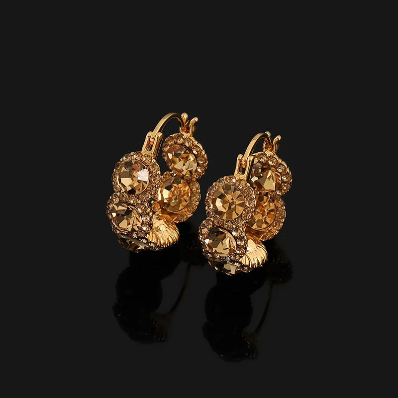 Luxury Coffee Crystal Rhinestone Cluster Hoop Stud & Clip On No Piercing Ear Cuff Earrings