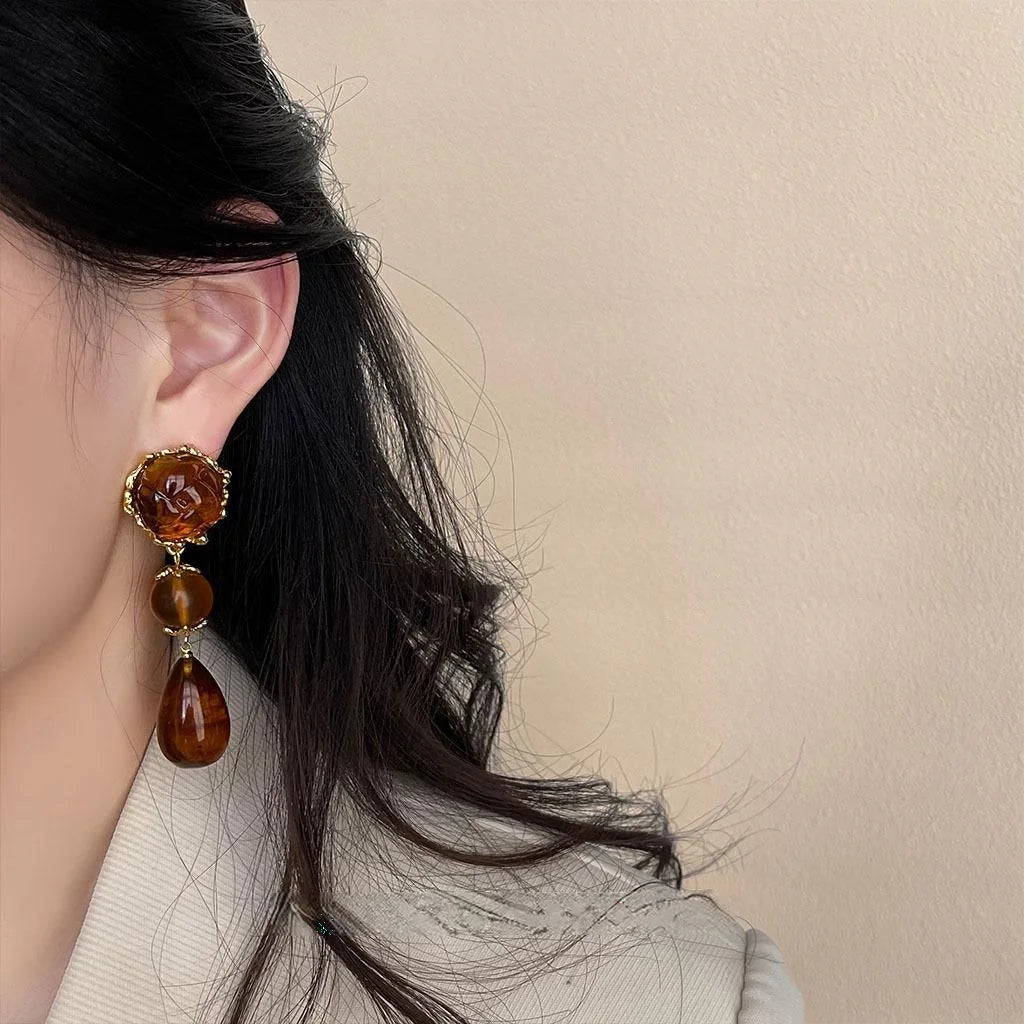 Vintage Amber Resin 3D Rose Tassel Drop Earrings, Handmade Court Style Statement Jewelry