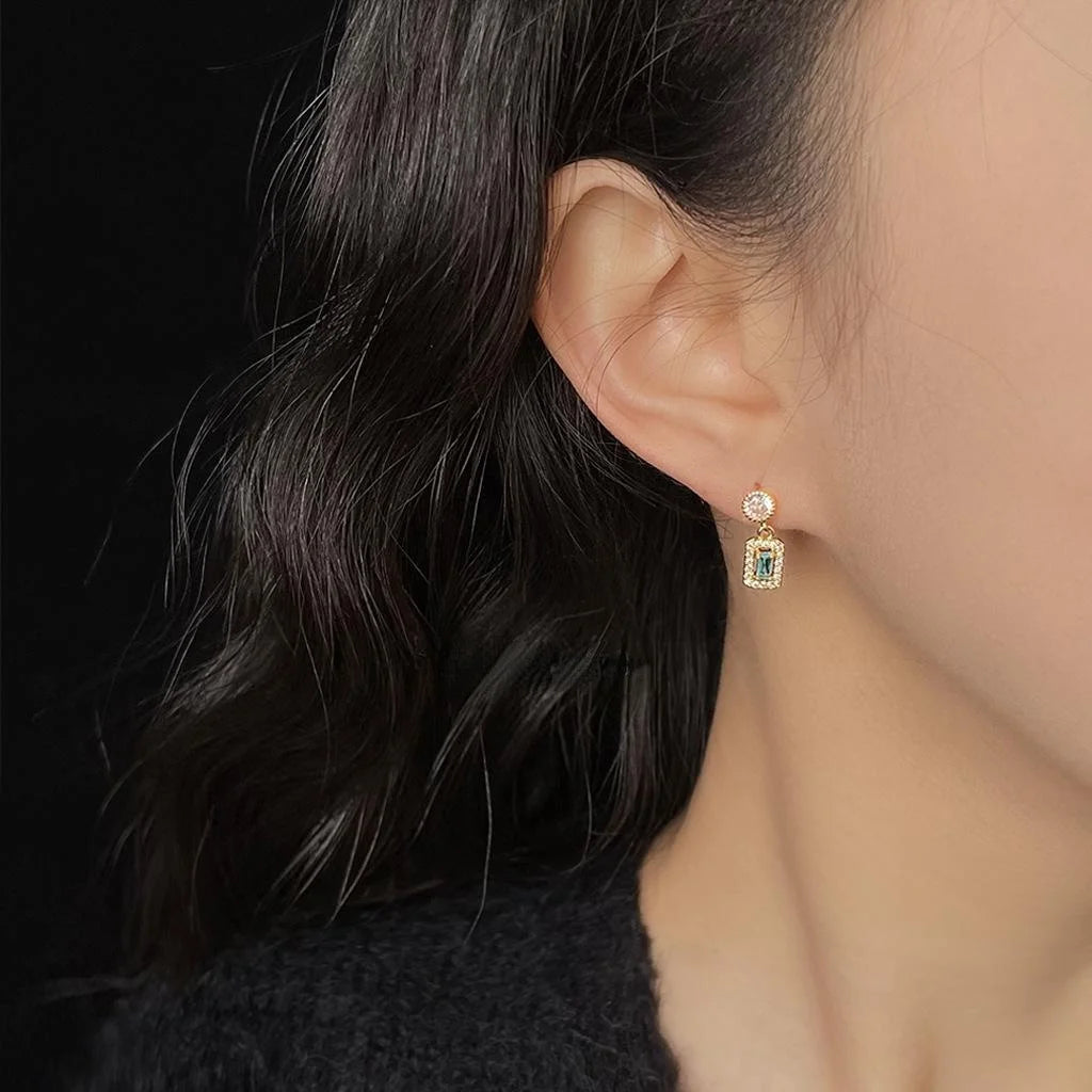 Elegant Aqua Blue Zircon Geometric Mini Copper Stud Earrings For Daily Wear