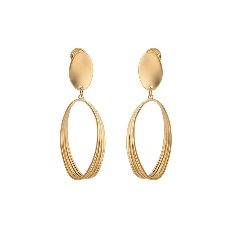 Elegant Matte Gold Alloy Oval Spiral Hoop Drop Stud & Clip On No Piercing Statement Earrings