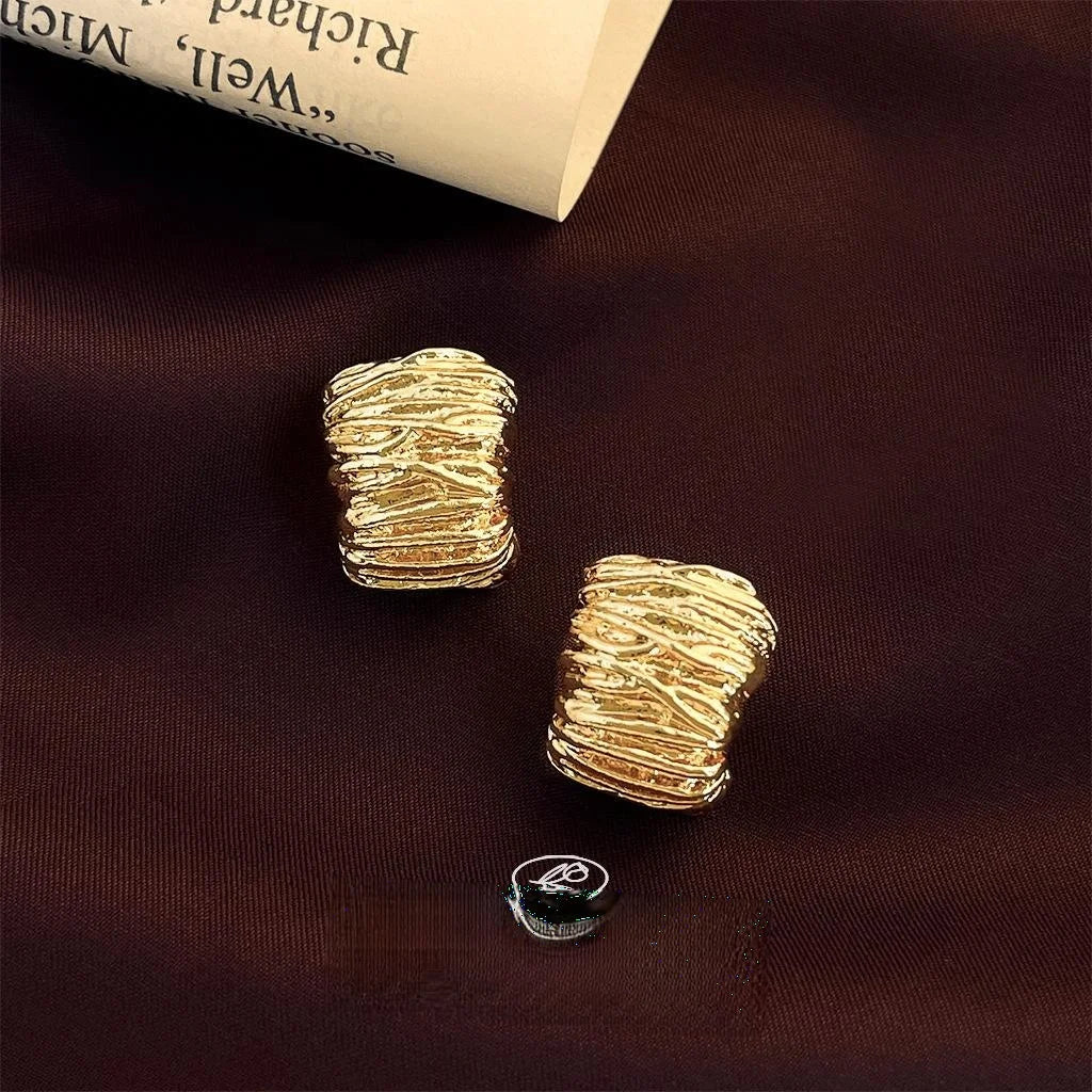 French Vintage 14K Electroplated Copper Irregular Geometric Ring Stud Earrings