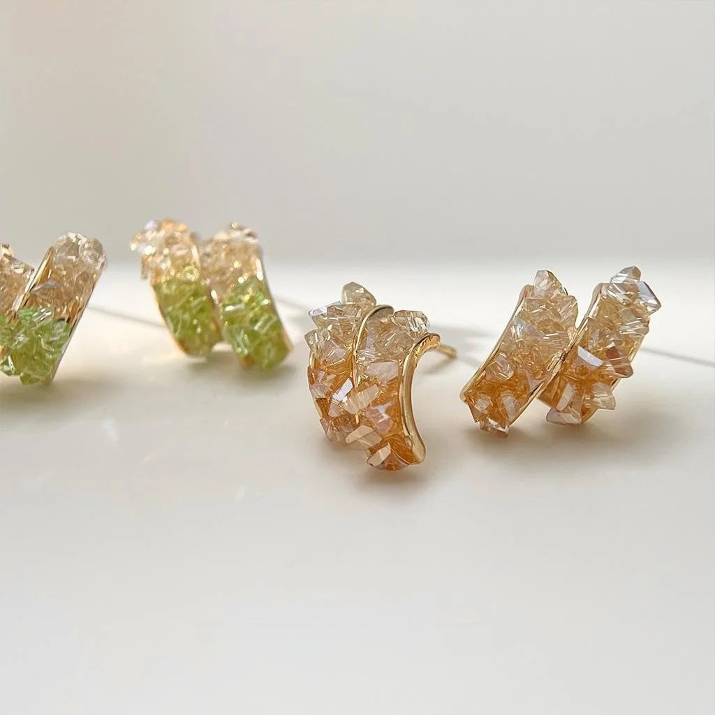 14K Plated Copper Glass Crystal Geometric Semicircle Stud Earrings Sweet Handmade Design