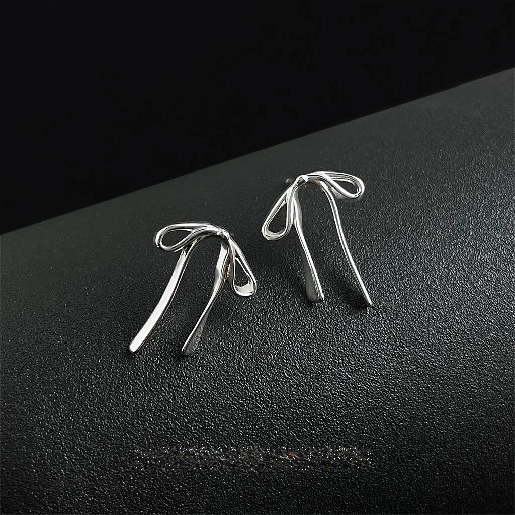 Sweet Bow Ribbon Stud Earrings Silver Tone Copper Minimalist Fashion Jewelry