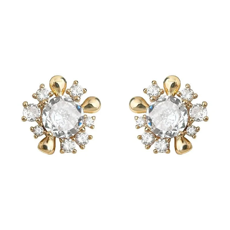 14K Gold Plated Copper Zircon Flower Petal Geometric Stud Earrings Light Luxury Micro Pave Jewelry