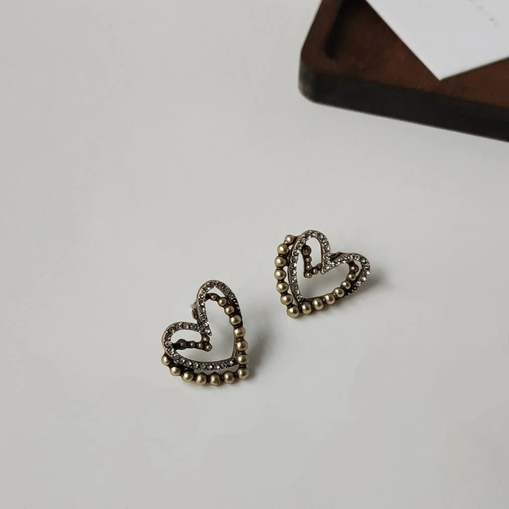 Vintage Antique Gold Copper Double Layer Heart Stud Earrings With Silver Plated Pins
