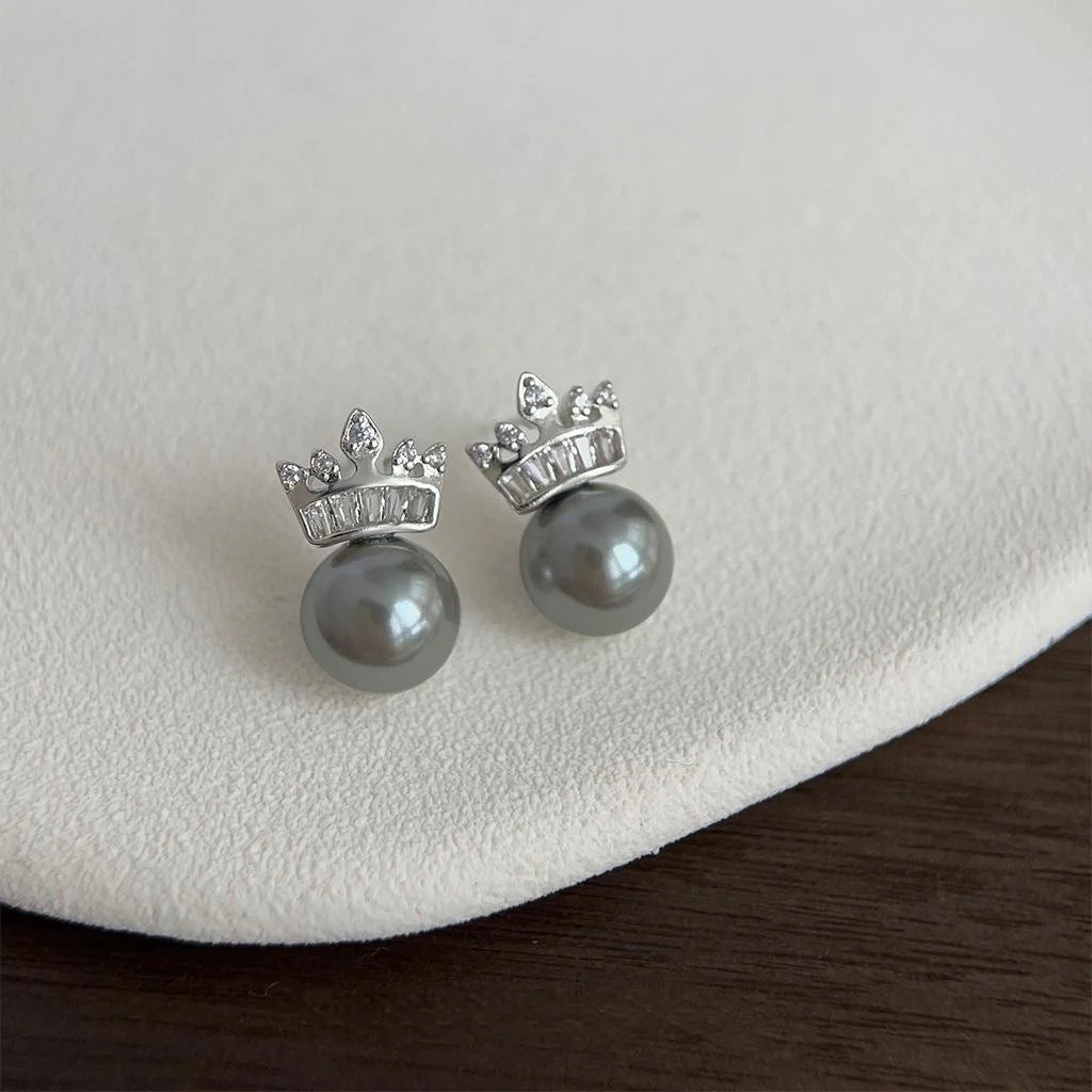 French Light Luxury Copper Glass Pearl Crown Stud Earrings With Micro Pave Zircon