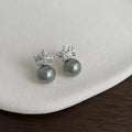 French Light Luxury Copper Glass Pearl Crown Stud Earrings With Micro Pave Zircon