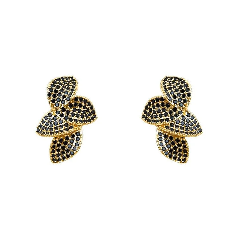 14K Gold Plated Copper Leaf Stud Earrings, Micro Pave Zircon Light Luxury Jewelry