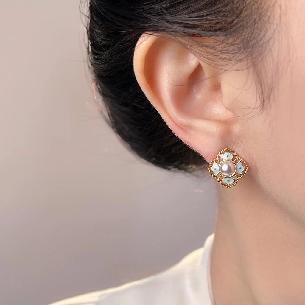 Ethnic Floral Enamel Drip Glaze Copper Pearl Stud Earrings Vintage Palace Style