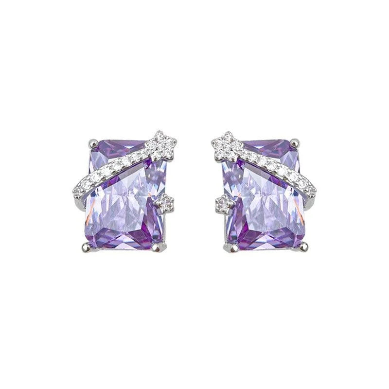 Sparkling Rectangular Purple Zircon Copper Stud Earrings Light Luxury