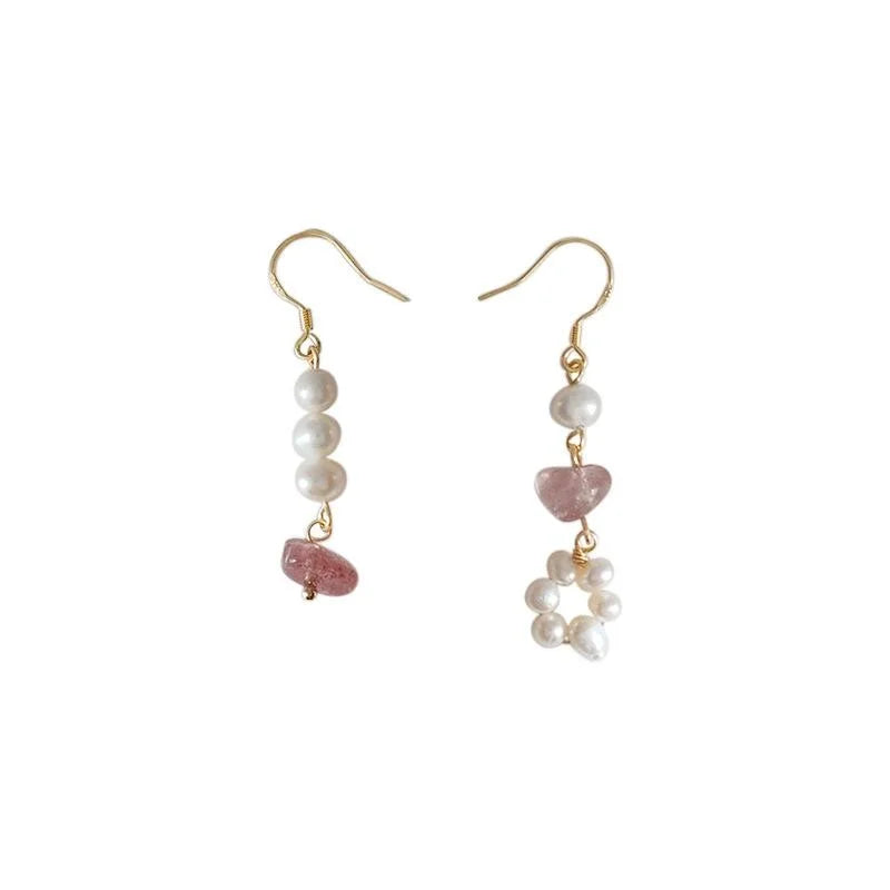 Handmade Freshwater Pearl Strawberry Quartz Geometric Asymmetric Pastoral Drop Earrings