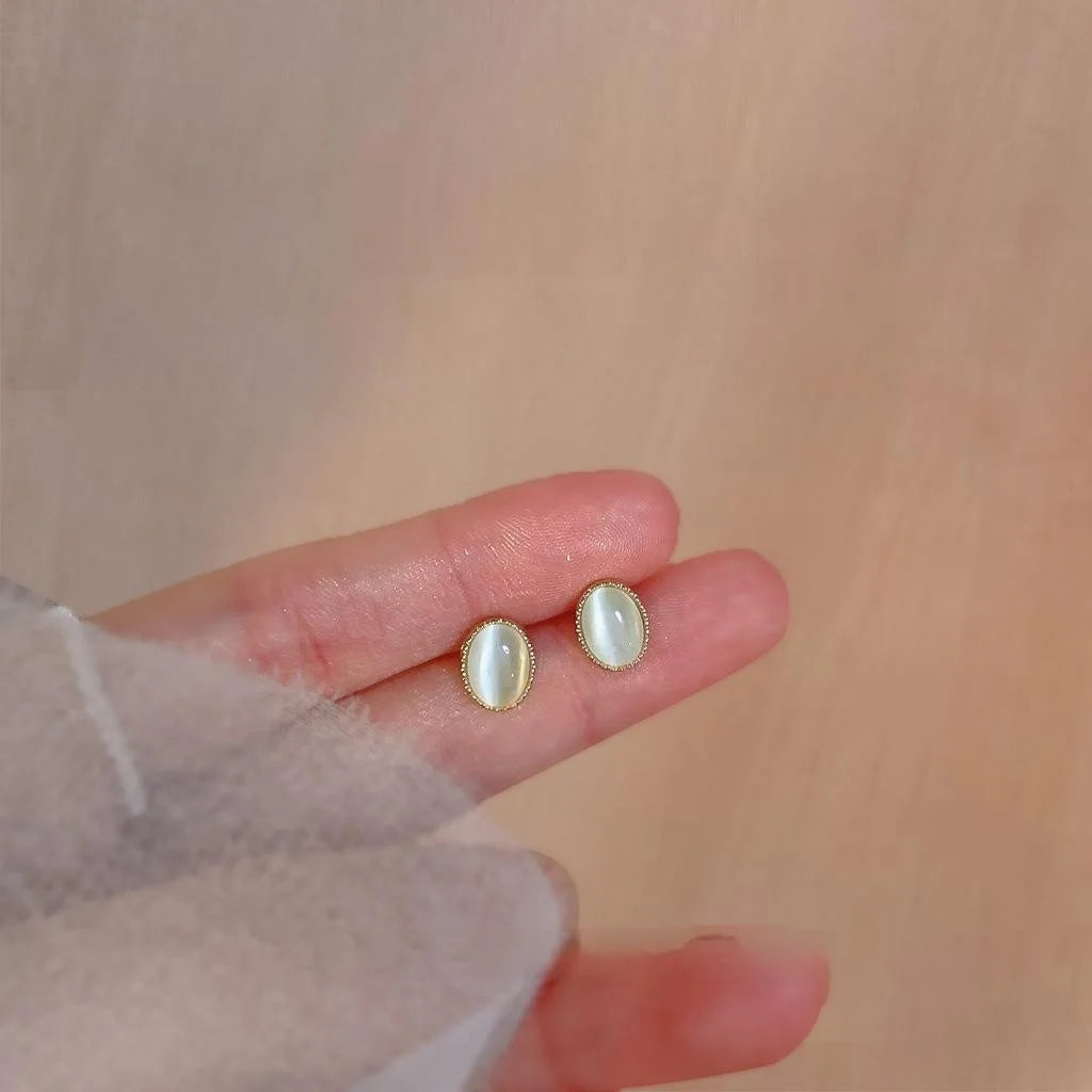 Mini Oval Glass Cat Eye Stone Stud Earrings 14K Plated Copper Simple Daily Jewelry
