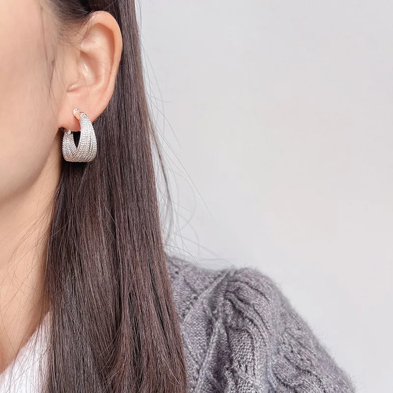 Elegant Silver Alloy Multi Layer Hoop Spiral Rhinestone Stud & Clip On No Piercing Earrings