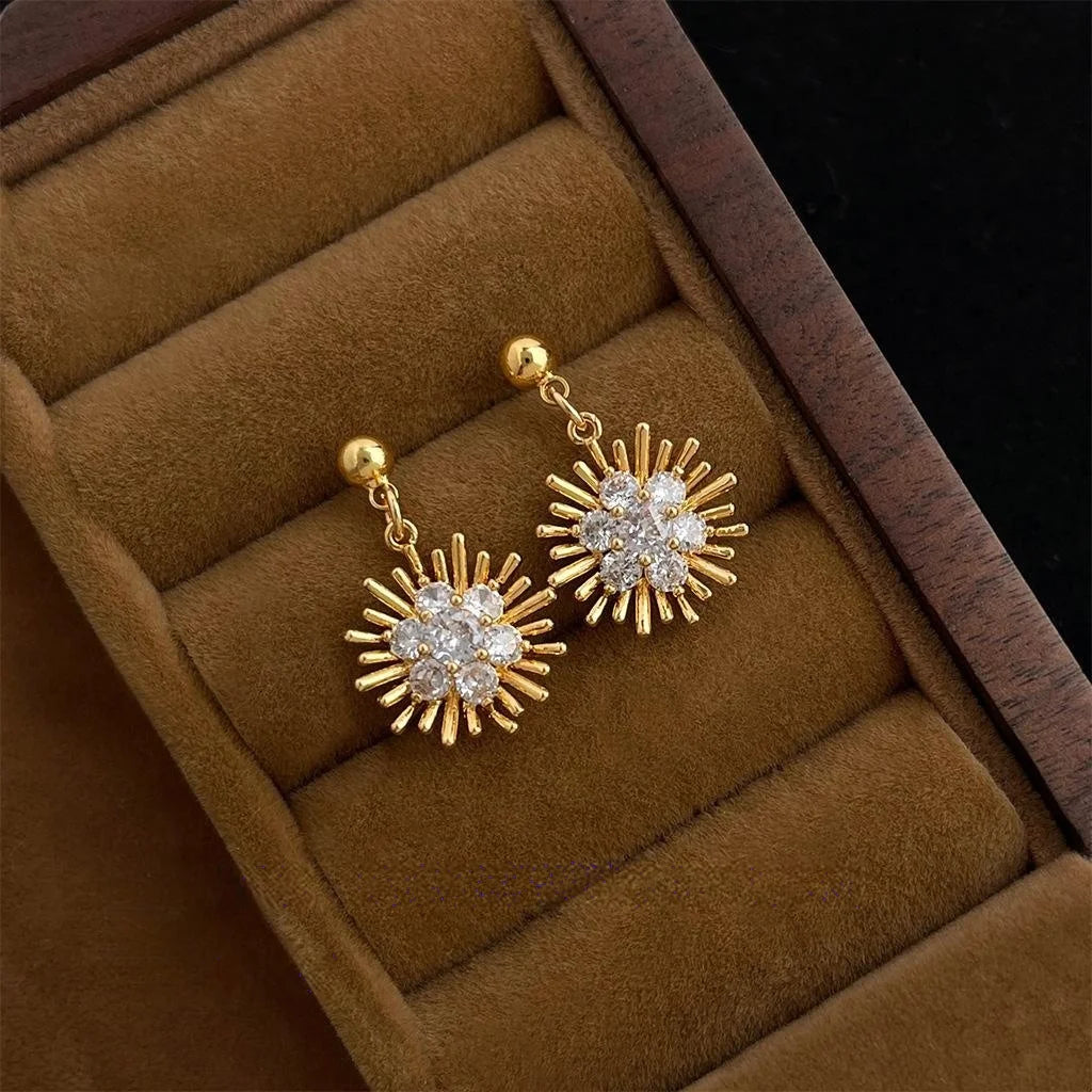Luxury Copper Zircon Sunflower Drop Earrings Minimalist Geometric Floral Jewelry