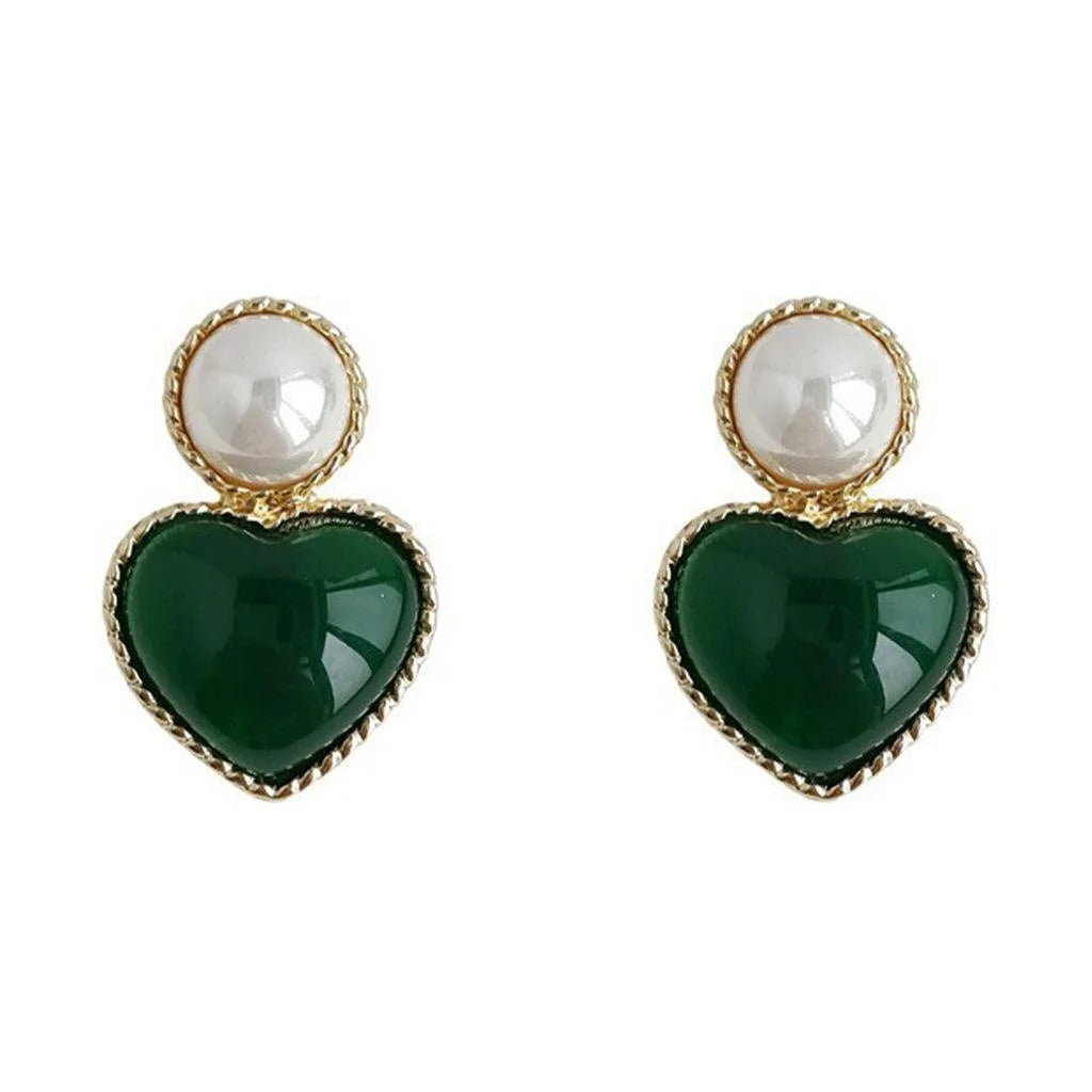 French Vintage Copper Emerald Green Resin Heart Pearl Stud Earrings For Women