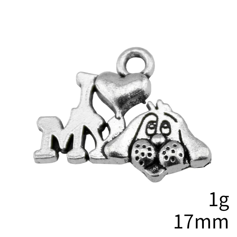 17mm 1g Antique Silver Zinc Alloy I Love My Dog Charm Pendant for DIY Pet Jewelry Making