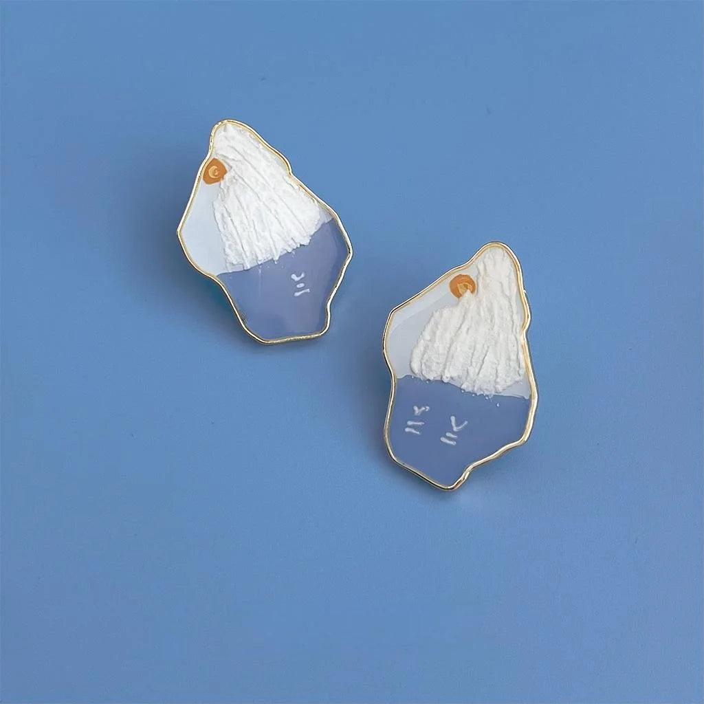 Handmade Enamel Mt Fuji Oil Painting Irregular Geometric Copper Stud Earrings