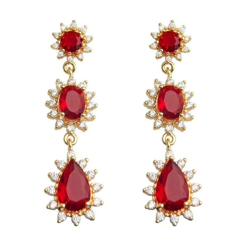 French Vintage Copper Zircon Red Teardrop Long Tassel Drop Earrings