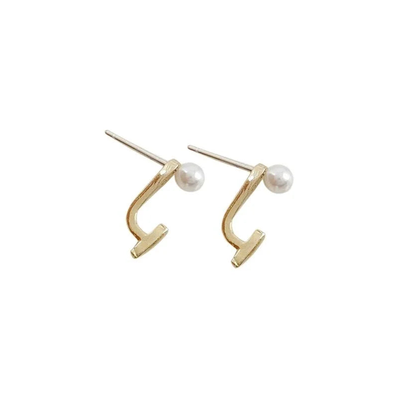 14K Gold Plated Alloy Pearl Stud Earrings, Minimalist Korean Geometric Jewelry