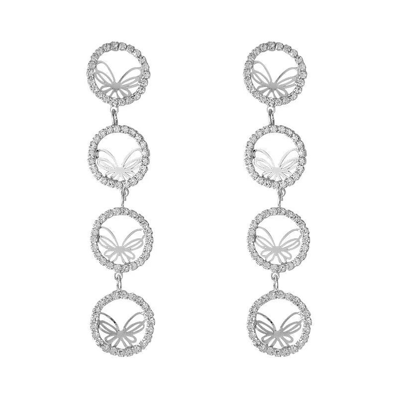 Luxury Copper Silver Plated Full Rhinestone Petal Butterfly Tassel Stud Earrings For Women