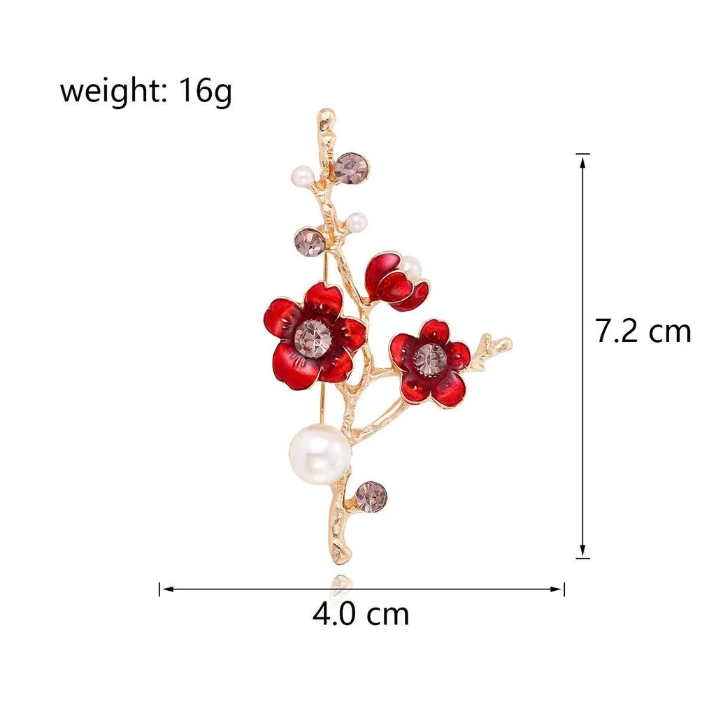 Elegant Red Enamel Flower Branch Brooch With Rhinestone And Pearl Accents, Women's Lapel Pin Gift