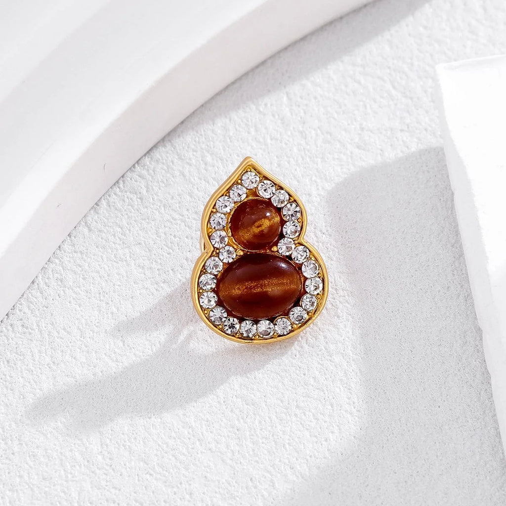 Vintage Gourd Brooch With Rhinestone And Brown Enamel, Luxury Gold Alloy Lapel Pin Suit Accessory Gift