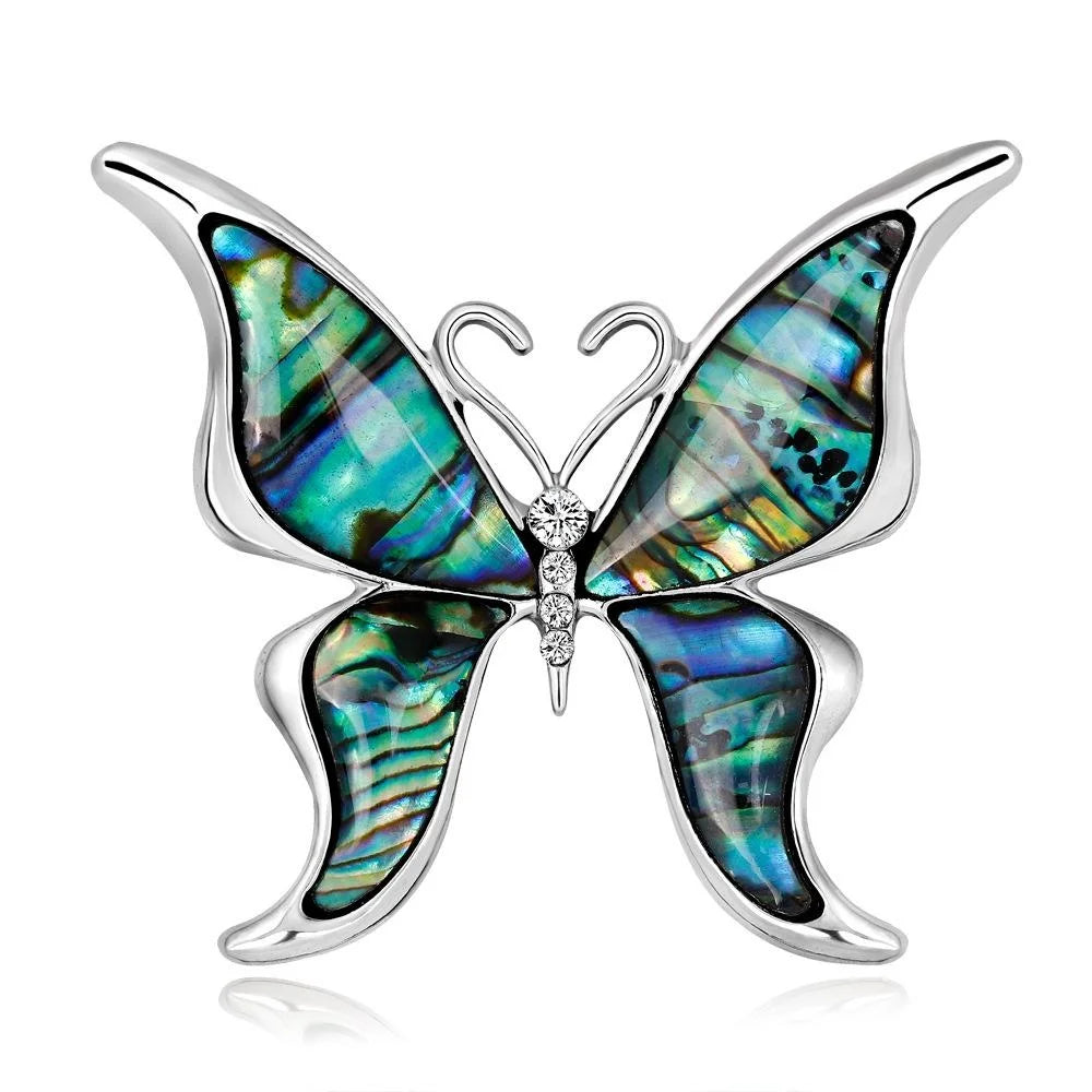 Elegant Butterfly Mother Of Pearl Shell Rhinestone Brooch, Silver Alloy Lapel Pin Corsage Gift For Women