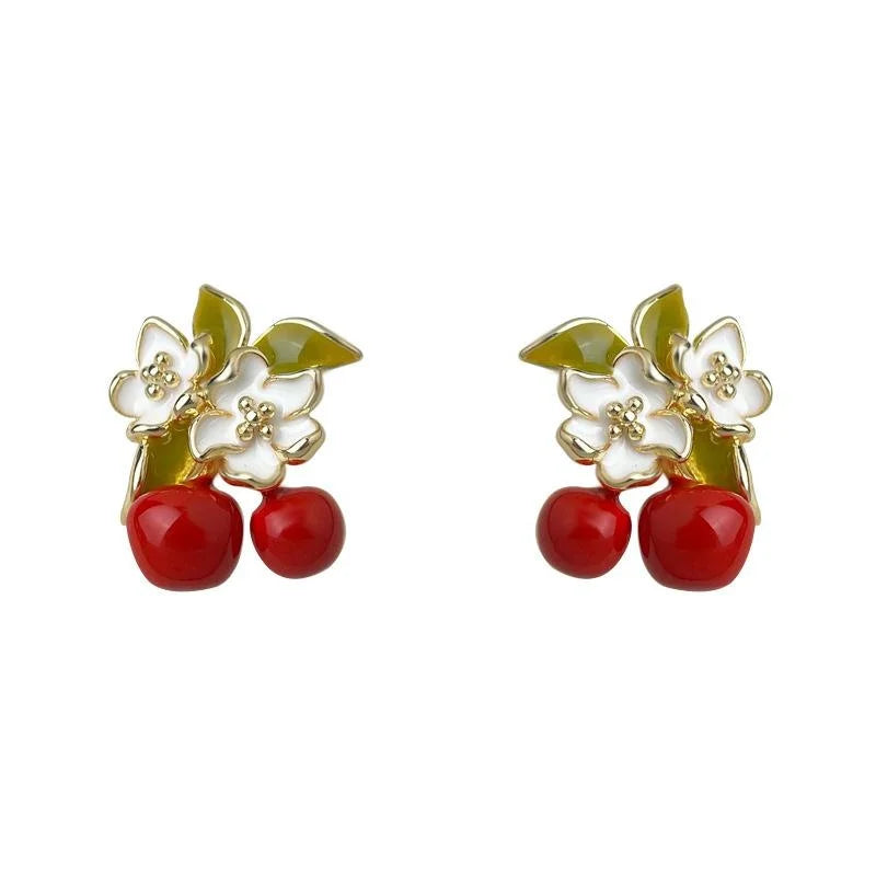 Pastoral Drip Enamel Cherry Flower Copper Stud Earrings