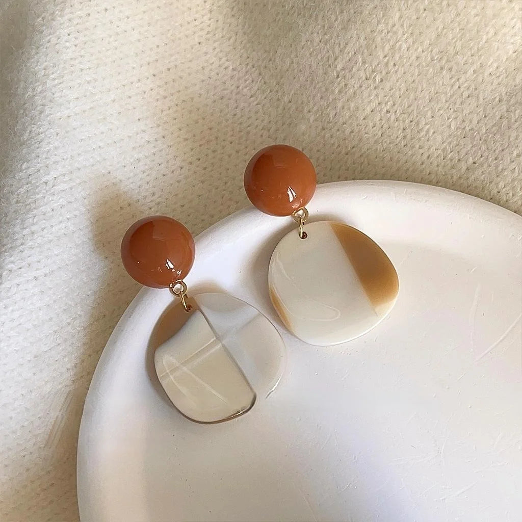 Milk Tea Color Acrylic Irregular Geometric Stud Earrings With Copper For Women