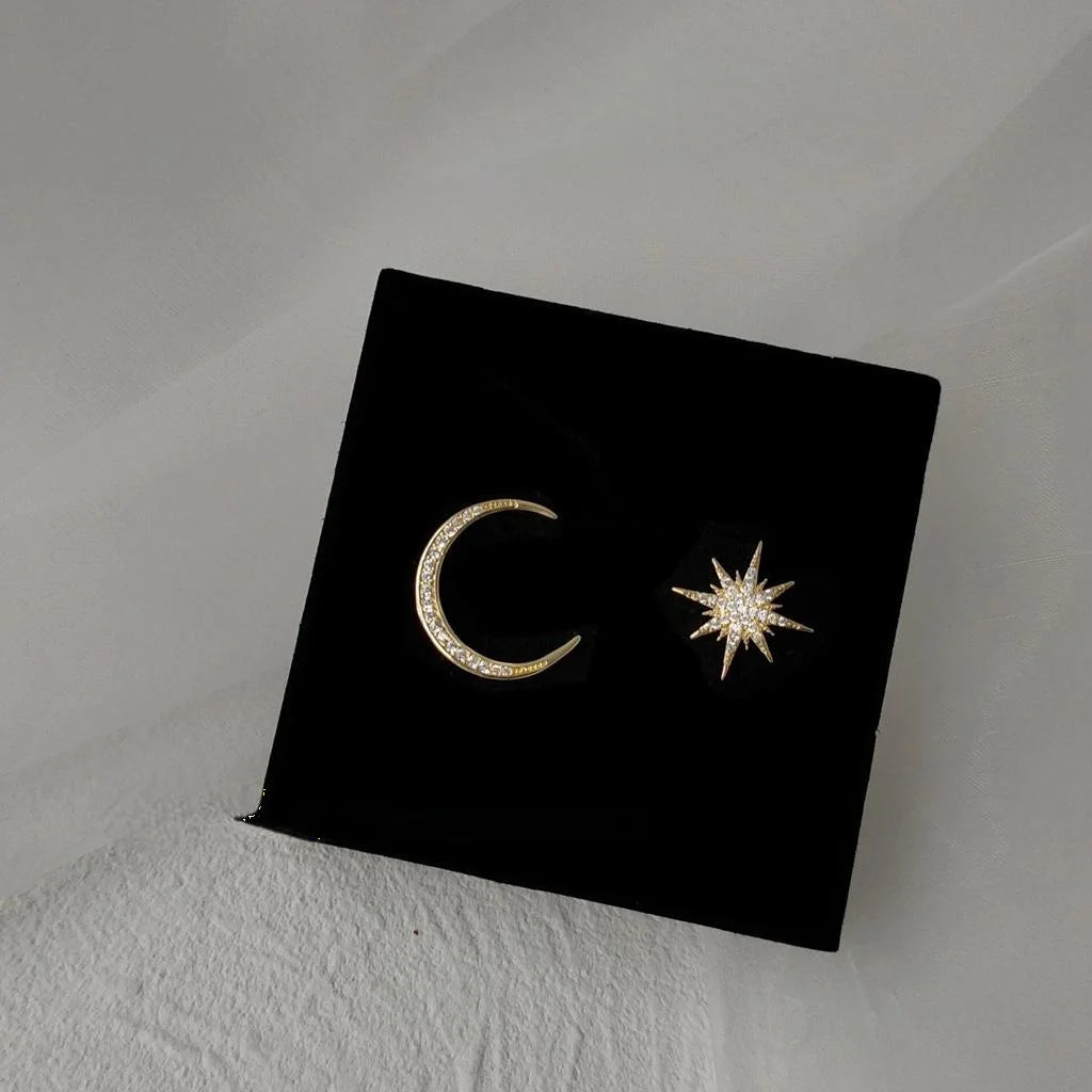 Asymmetric Star Moon Micro Pave Zircon Copper Stud Earrings For Women, Niche Geometric Fashion