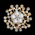 Elegant Snowflake Flower Pearl Rhinestone Brooch, Gold Alloy Lapel Pin Corsage Suit Accessory Gift