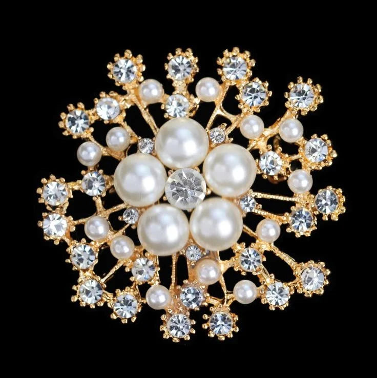 Elegant Snowflake Flower Pearl Rhinestone Brooch, Gold Alloy Lapel Pin Corsage Suit Accessory Gift