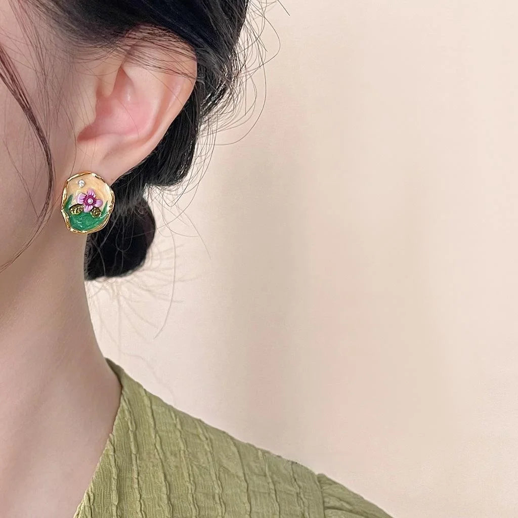 Copper 14K Gold Plated Enamel Painted Flower Stud Earrings Vintage Chinese Style