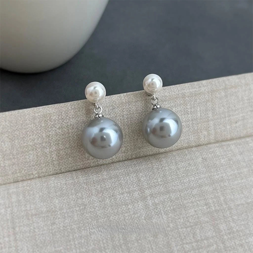High Gloss Gray Glass Pearl Geometric Round Drop Earrings Copper Old Money Style